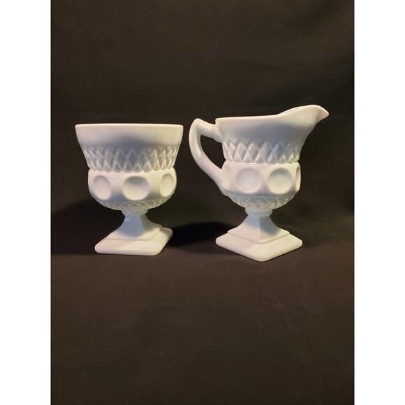 2 Pc Vintage Colony Milk Glass Open Sugar n Creamer Set in Lacette - Picture 1 of 16